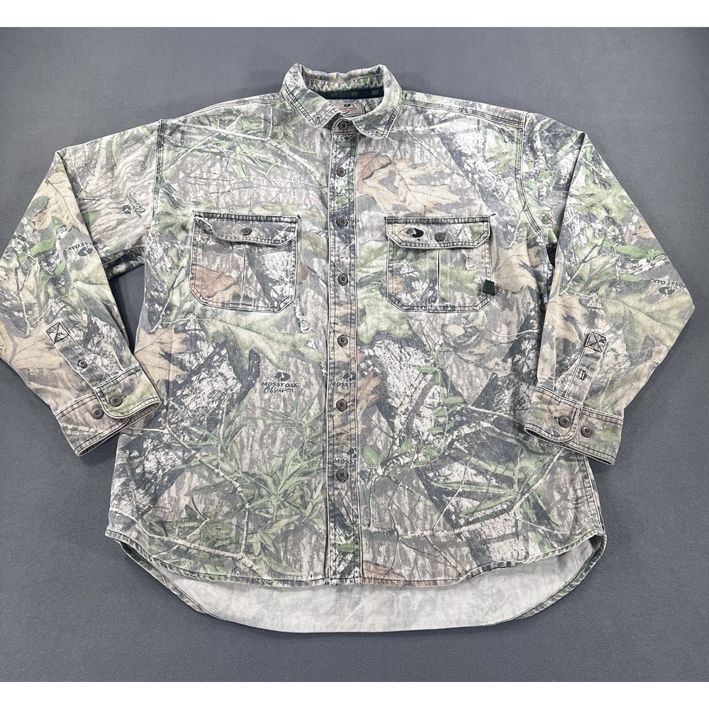 Vintage 90s Mossy Oak Explorer Camo Shirt Long Sleeve Hunting Green Mens Large